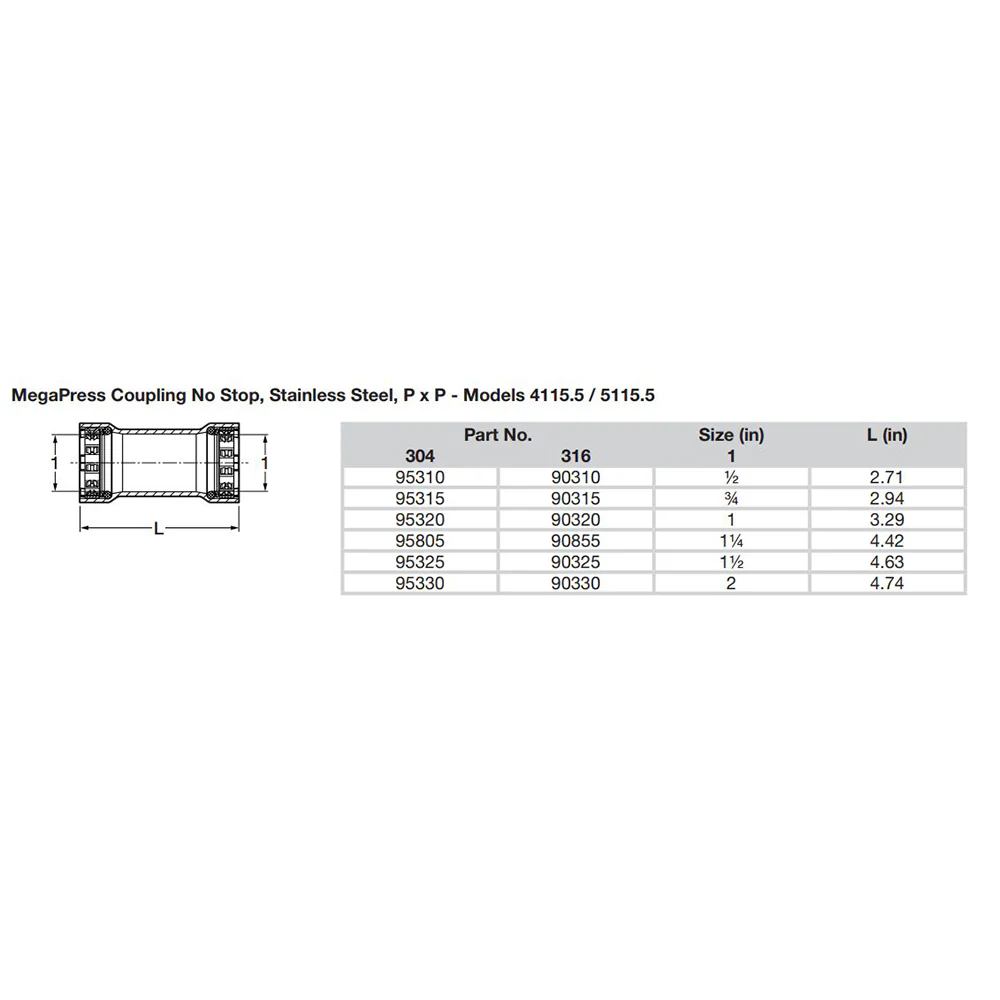 Viega MegaPress 1/2" Stainless Steel 304 Coupling w/o Stop - Double Press Connection - Smart Connect Technology [95310] - Image 2